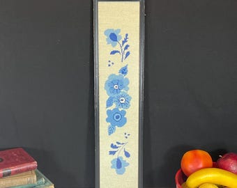 Handmade Folk Art Needlepoint, Blue Flowers In Black Frame