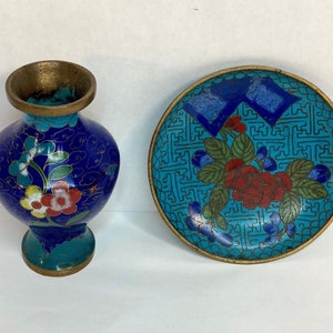 Mini Cloisonne Vase and Round Trinket Dish, Brass and Enamel