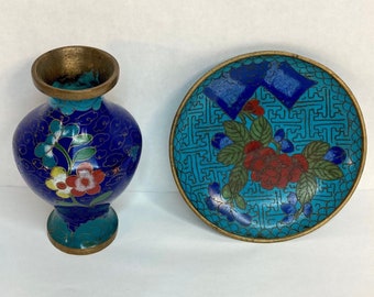 Mini Cloisonne Vase and Round Trinket Dish, Brass and Enamel