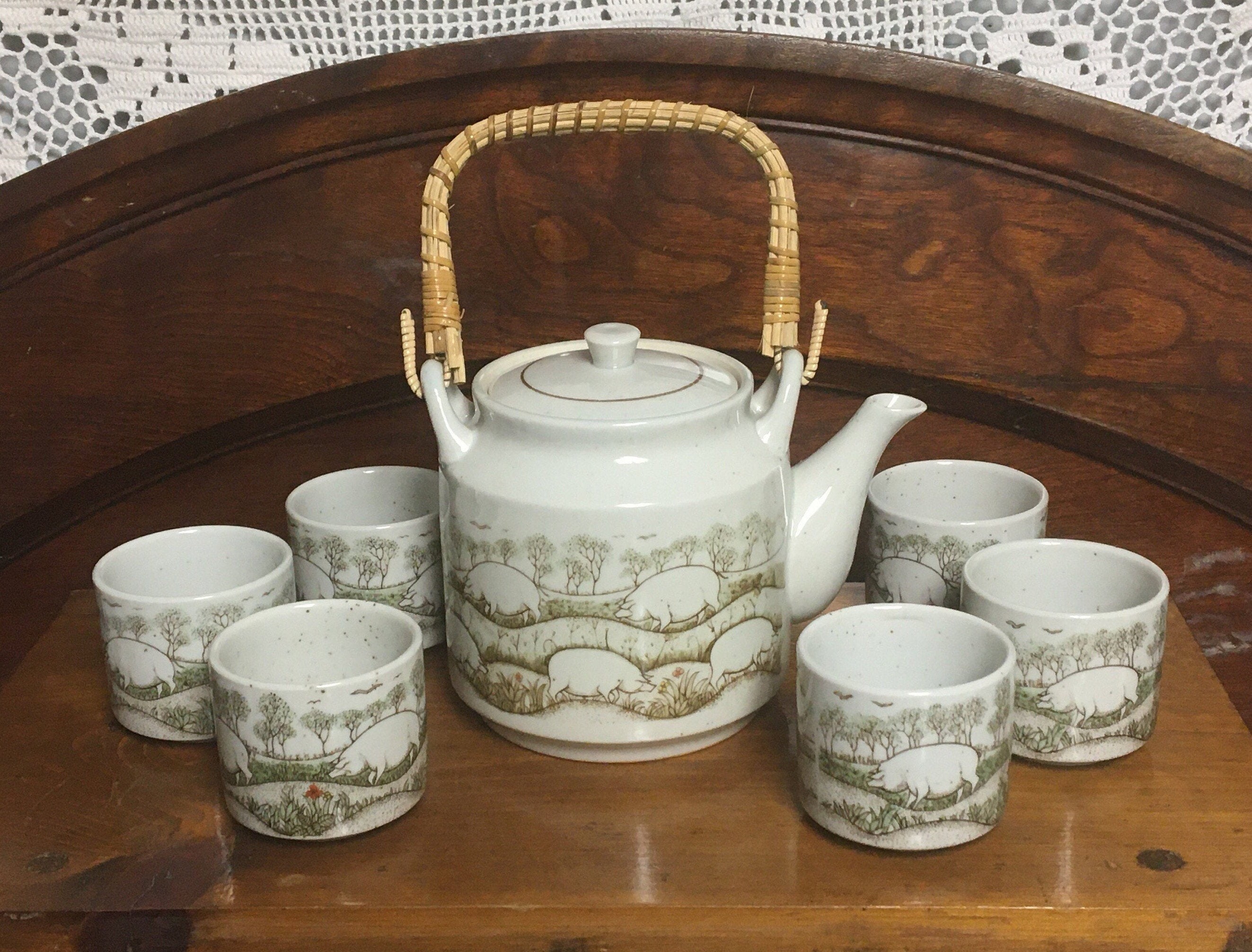 Pig Stoneware Teapot with Six Cups, Mid Century Japanese Tea Set