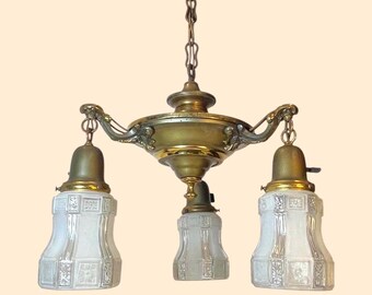 Antique 3 Arm Brass Chandelier Light Fixture Pan Light: NEW WIRING, Refurbished