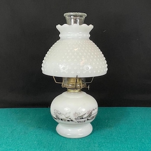 Currier and Ives Milk Glass Oil lamp with Hobnail Shade Hurricane Table Lamp