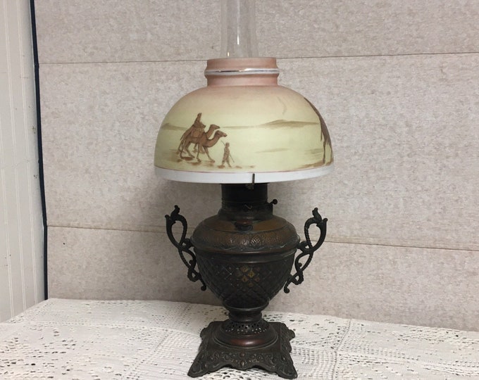 Featured listing image: Antique Edward Miller Rochester Brass Oil Lamp with Moroccan Camel Glass Hurricane Shade