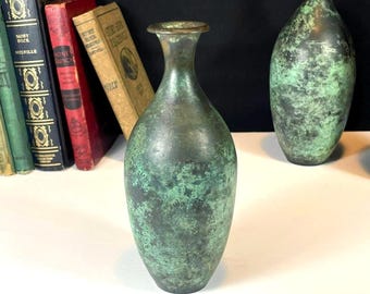Bronze Blue Green Verdigris Vase, 10" Metal Vase