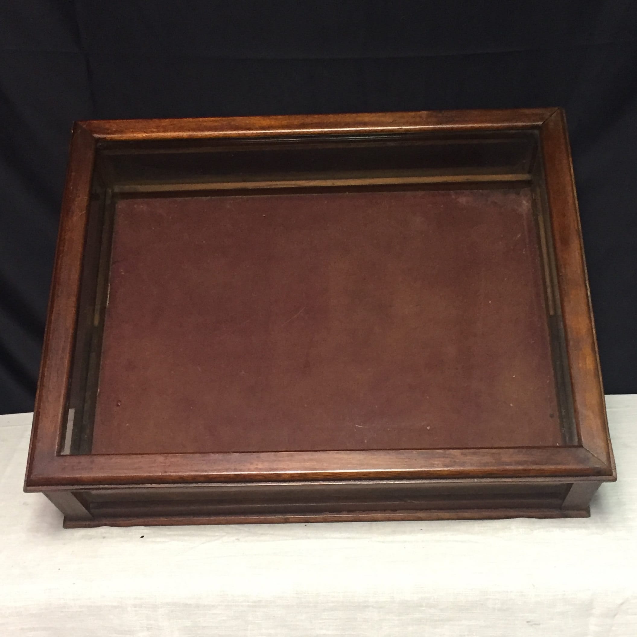 Vintage Dark Wood and Glass Table Top Display Case with Hinged Glass