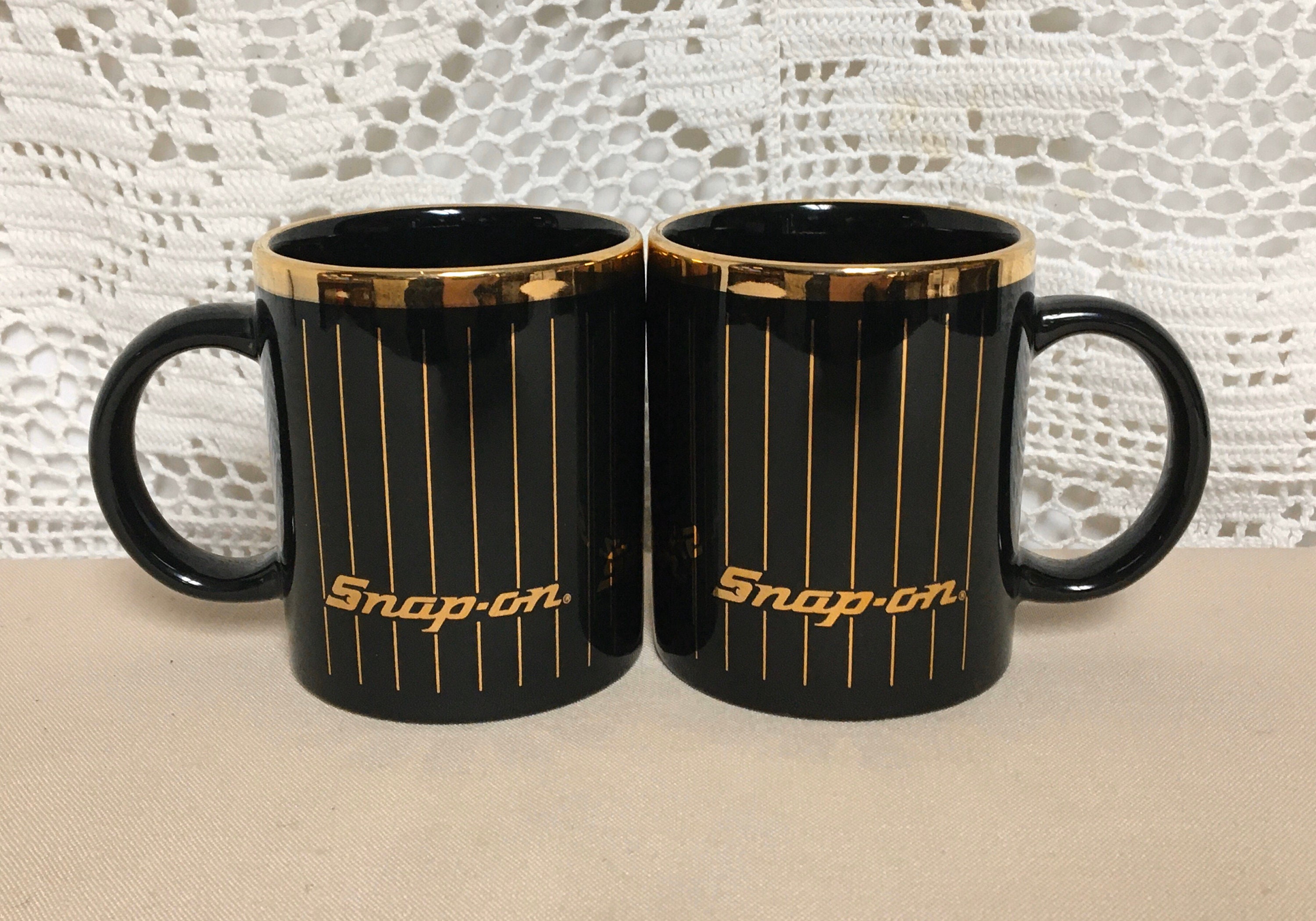 Snap On Tools Coffee Mugs, Set of two (2), Promotional Mug, Black Mug with Gold Trim, Socket