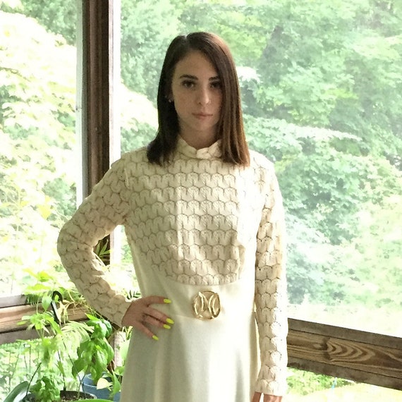 Alden, Vintage Alden's Fashions Maxi Dress, Off-White with Gold Trim and Buckle, Long Dress