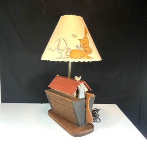 1970&#39;s Homemade Noah&#39;s Ark Wooden Table Lamp, w/ Original Shade, Hand Painted