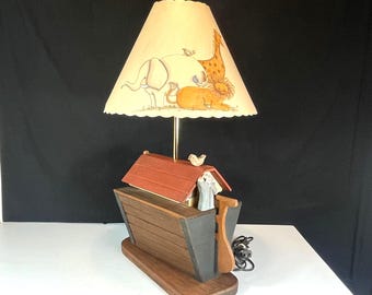 1970's Homemade Noah's Ark Wooden Table Lamp, w/ Original Shade, Hand Painted