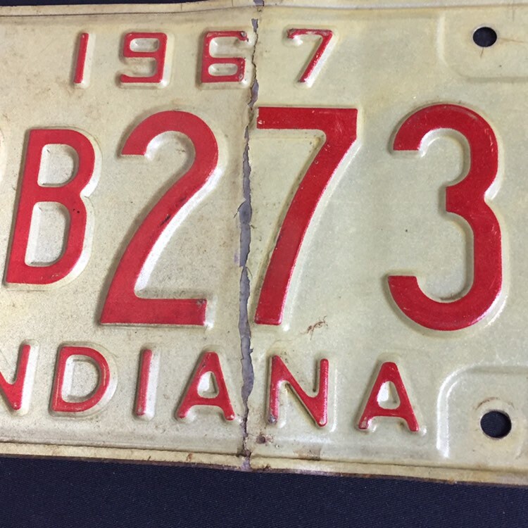 1967 Indiana Car License Plate Tags, Red and White