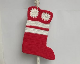 Handmade Crochet Christmas Stocking, Vintage 1970's or 1980's Crocheted Stocking, Red and White Snowflake Stocking