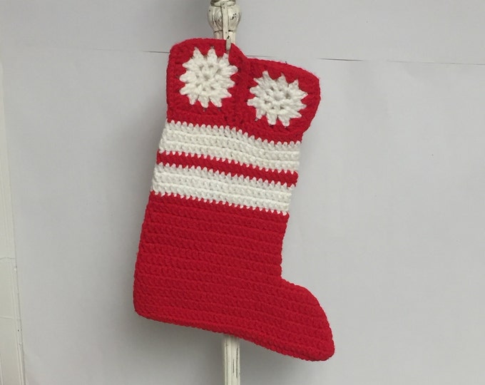 Featured listing image: Handmade 1970's, Crocheted Christmas Stocking,  Red with White Snowflake