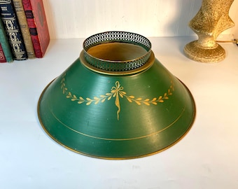 Large Green and Gold Tole Metal Table Lamp Shade: Mid Century