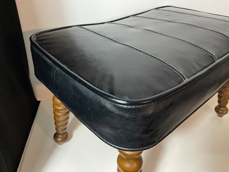 Mid Century Padded Foot Stool, Danish Style Black Vinyl Upholstery, Ottoman, Cushioned Hassock, image 4