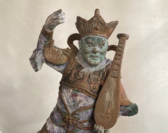 Asian Deity Ceramic Sculpture, Dhritarashtra, Jikokuten, Guardian of the East, Signed, 19" Tall