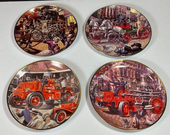 4 Franklin Mint National Fire Museum 8" Plates, Fine Porcelain, Philadelphia Hand Pumper, Mack Bulldog Fire Engine, William Teodecki