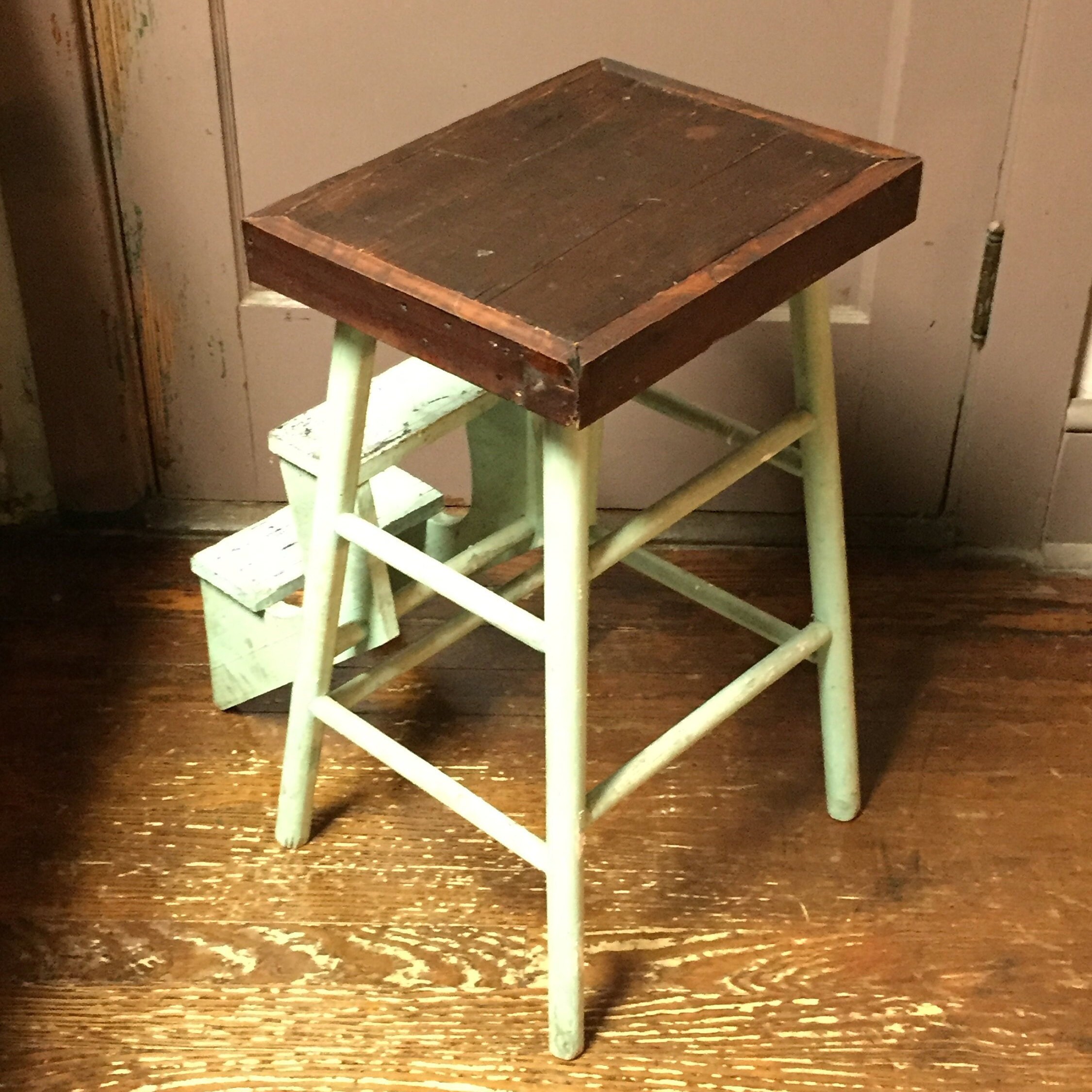 Unique Vintage Wooden Stool with 2 Folding Steps, Step Stool, Plant