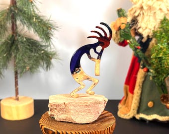 Lazart Enamel and Metal, Kokopelli Figurine on Sandstone Base, 3-3/4" Tall