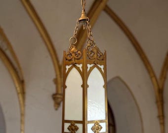 Antique Church Pendant Light: Slag Glass & Brass, Gothic, REWIRED