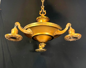 1930's Antique Brass Chandelier Ceiling Light Fixture, Victorian, Pan Light, NEW WIRING