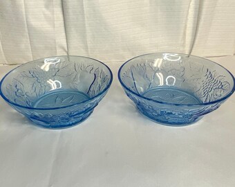 Serving Bowls, KIG Indonesia Blue, Pressed Glass, Embossed Fruit Pattern, Set of Two (2 ) Serving Bowls