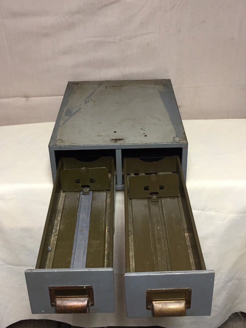Industrial Table Top Vintage Industrial Gray 2 Drawer Steel Parts Cabinet Hardware Storage Gas Station Card