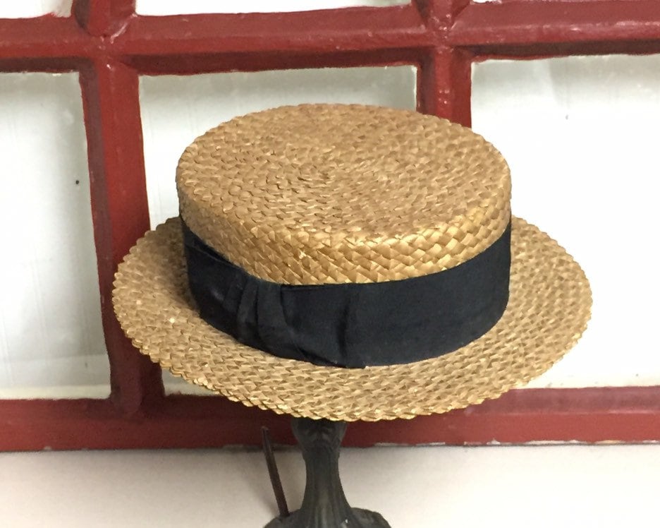 Antique Straw Boater Hat, Mens Victorian Straw Hat, Skimmer, Synder's