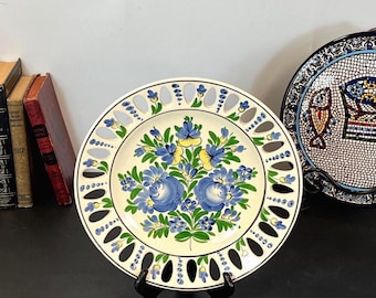 Blue and Yellow Floral, Reticulated Stoneware Plate, From Hungary Barakonyi