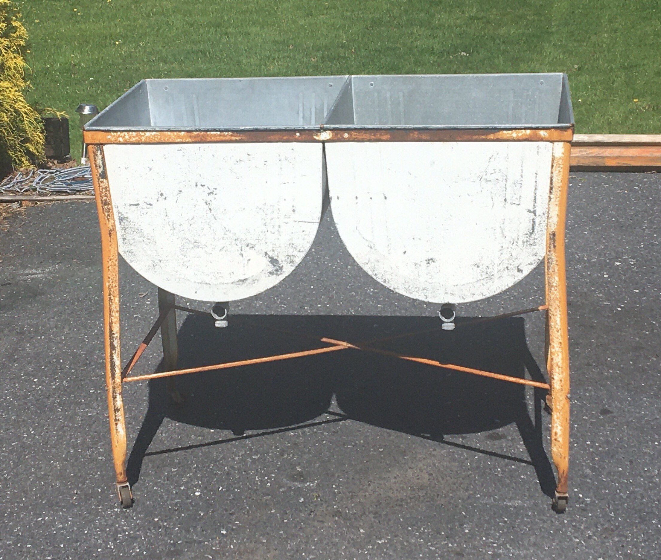 Vintage Galvanized Double Wash Tubs with Stand, Mid Century, Rustic