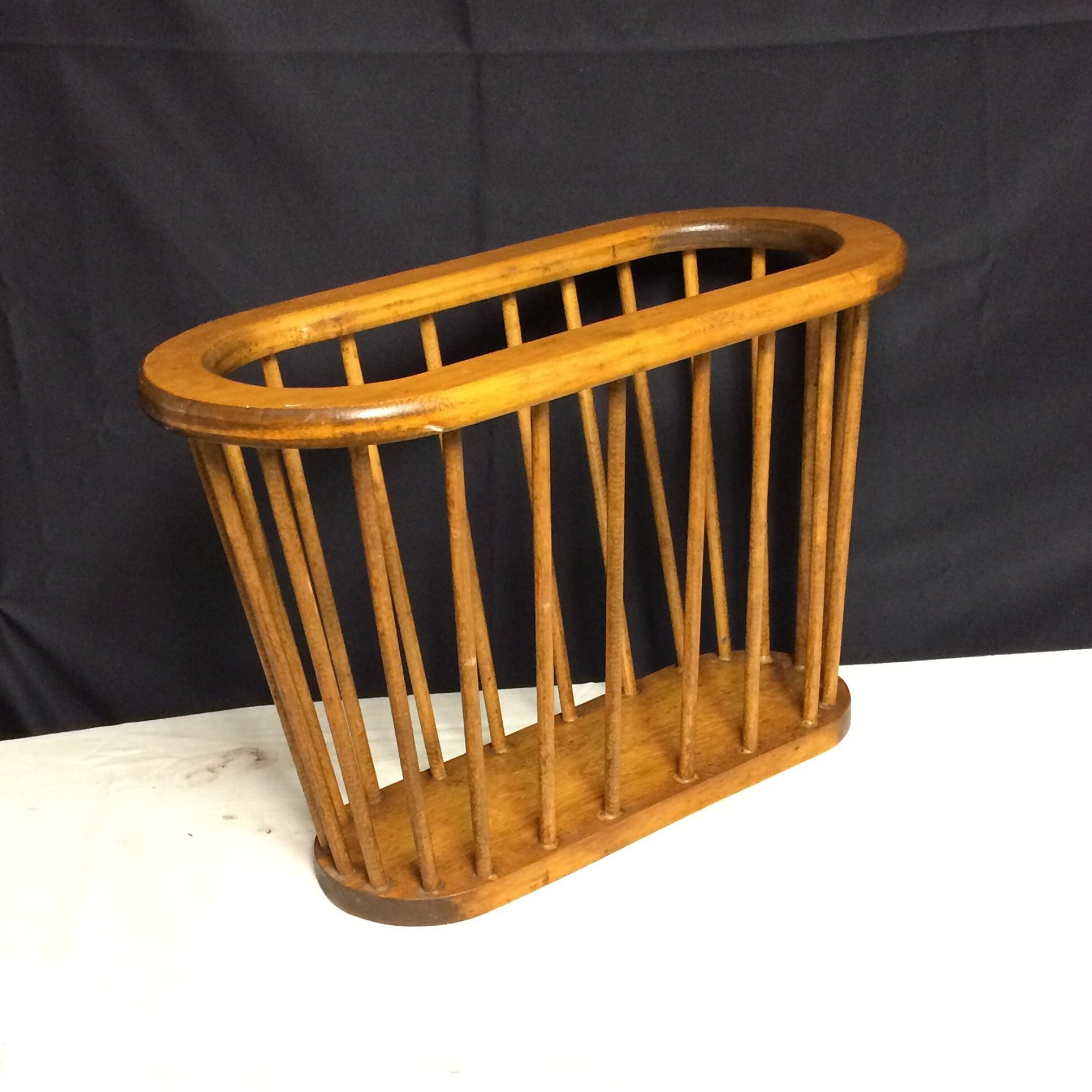 Vintage Danish Style Wooden Open Spindle Oval Magazine Rack, Arthur Umanoff Style Magazine