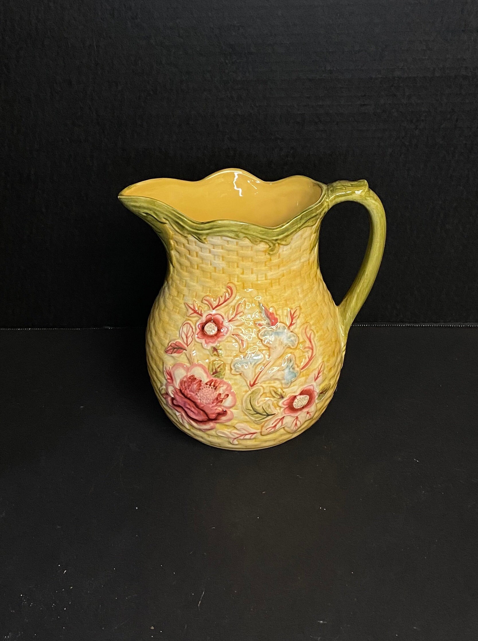 Longaberger Pottery Pitcher, Majolica Garden, Floral Pitcher