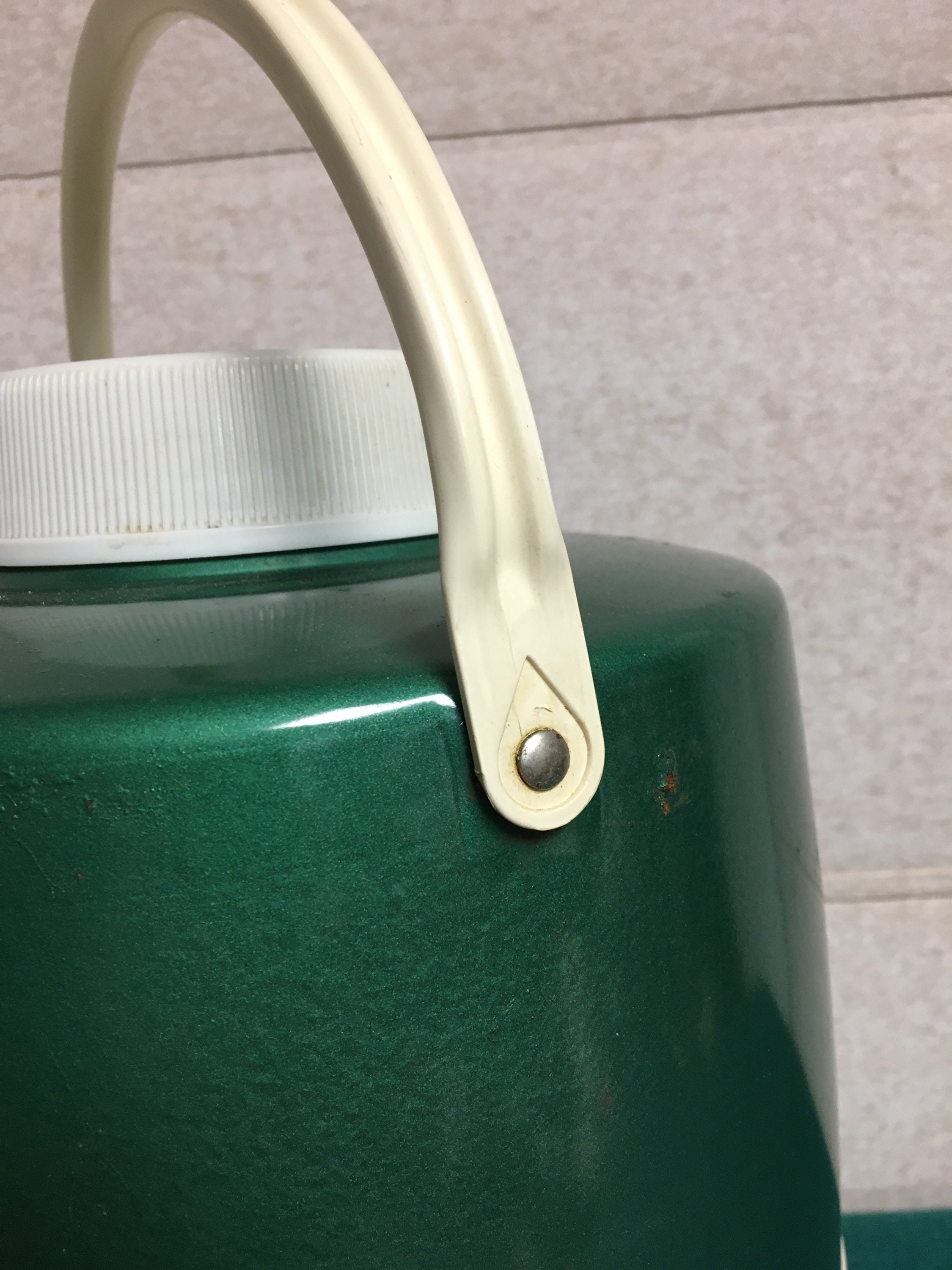 Vintage Coleman 2 Gallon Metal Portable Water Cooler Jug, Green and White