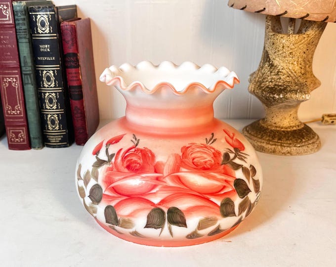 Featured listing image: Floral Milk Glass Hurricane Lamp Shade: Hand Painted Red Roses, Signed Rudé