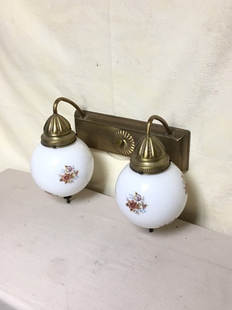 Double Arm Wall Sconce, MCM Vanity Light Fixture, Painted Floral Glass
