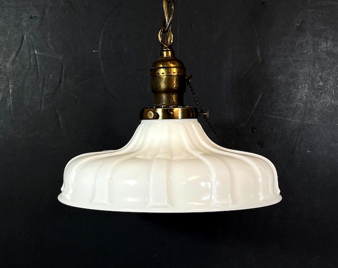 Featured listing image: Antique 9" Ribbed Milk Glass Pendant Light Fixture: NEW WIRING