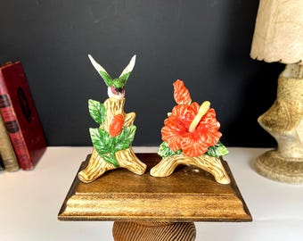 Ceramic Hummingbird and Hibiscus Flower Salt and Pepper Shakers