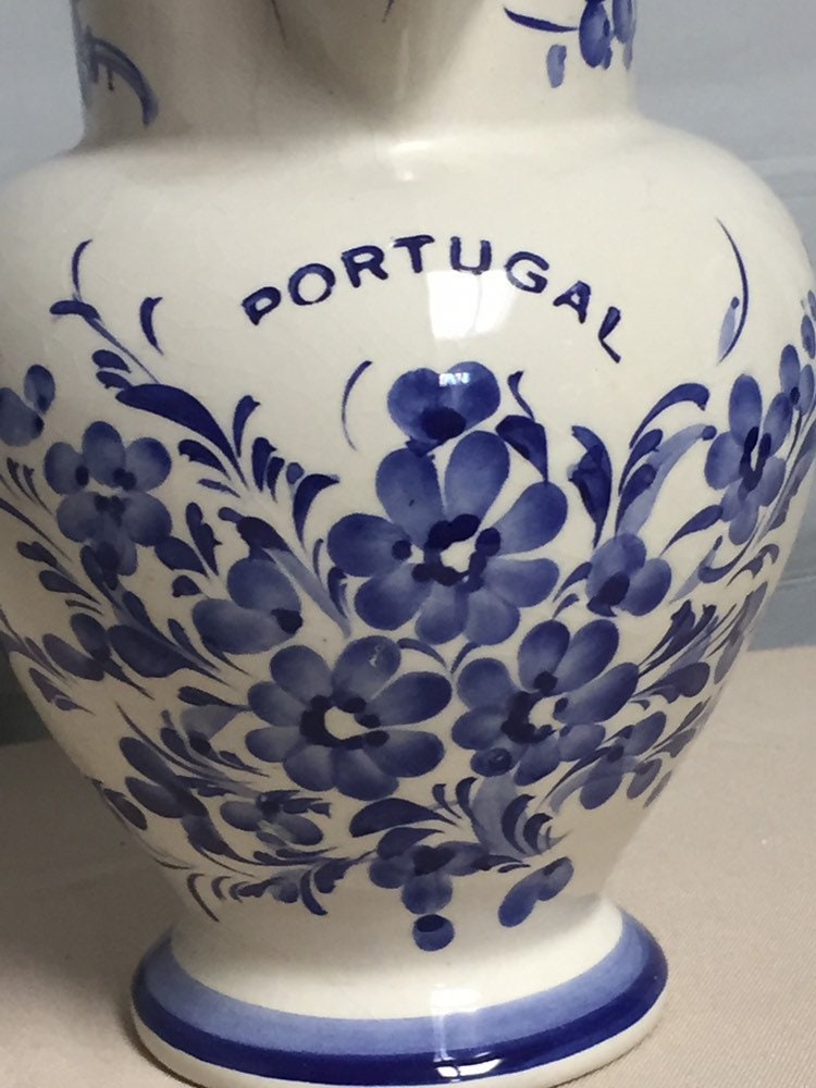 Portugal Ceramic Pitcher, Blue and White Pitcher, Portugal Pottery