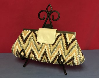 Vintage Santi, Beaded Handbag, Sequin Purse, Clutch Purse, Made in India, Chevron, Zig Zag Pattern
