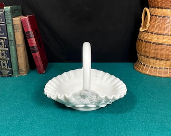 Westmoreland Milk Glass Footed Basket, Embossed Grapes, Ruffled Edge and Applied Handle