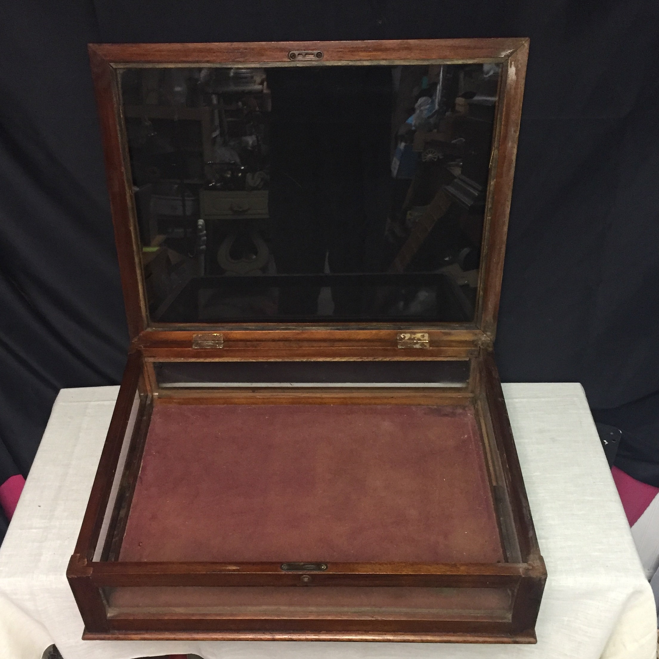 Vintage Dark Wood and Glass Table Top Display Case with Hinged Glass