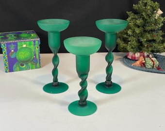 Green Satin Glass Candle Holders with Twisted Stem, Set of 3