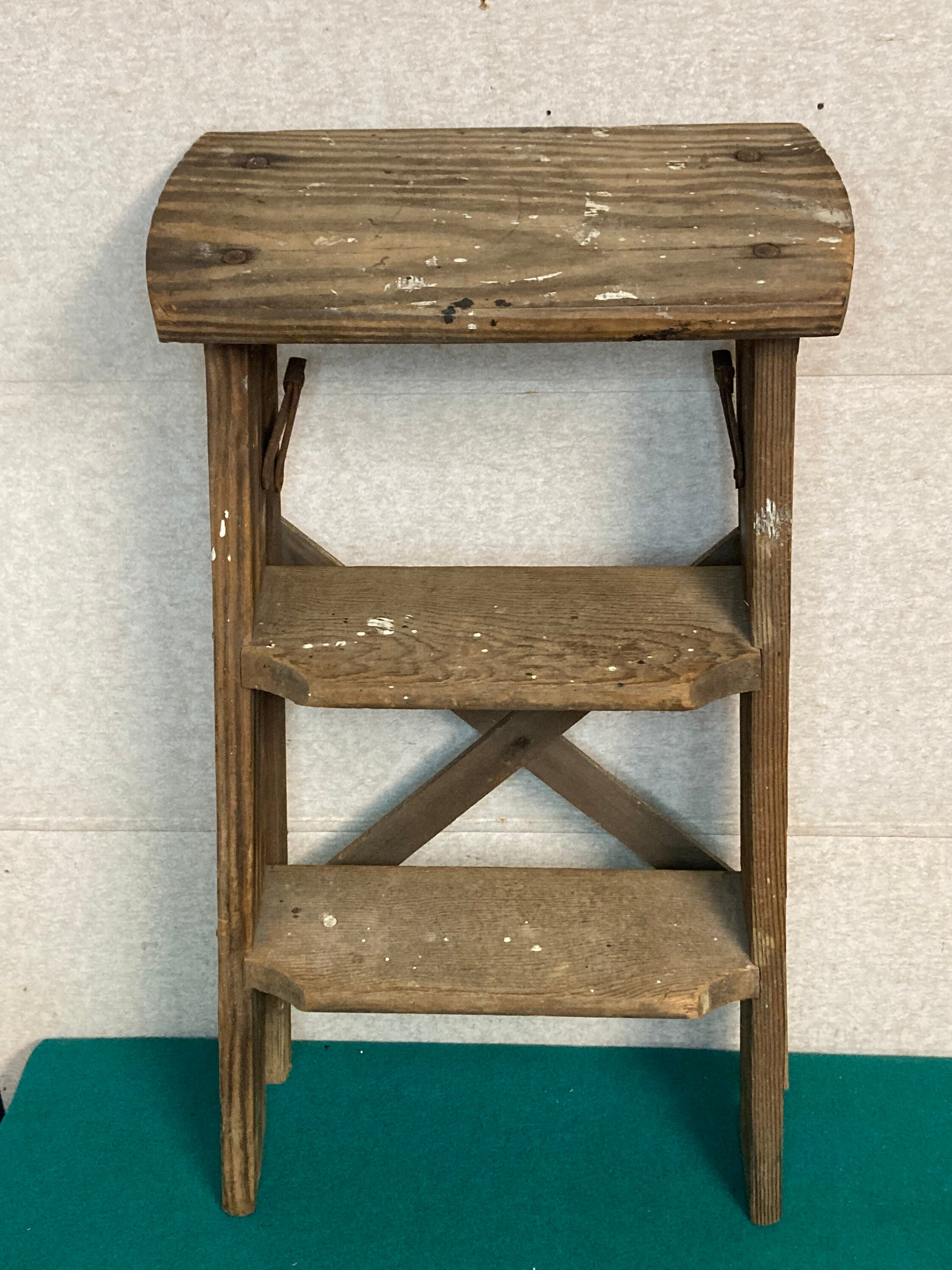 1960's Small Shabby Wooden Step Stool Ladder, Folding Step Stool