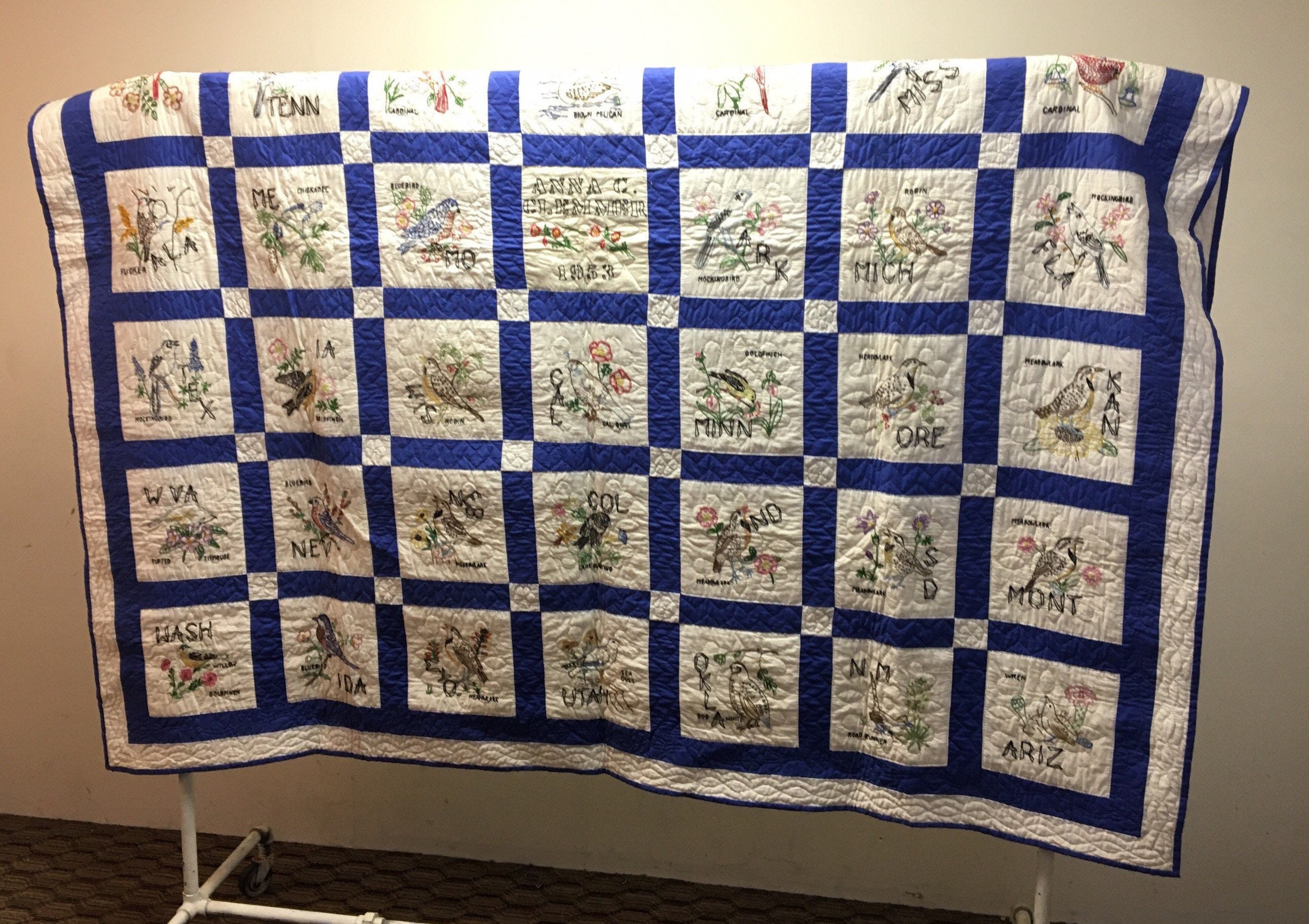 RESERVED Handmade State Bird Quilt with 48 States, Hand Embroidered