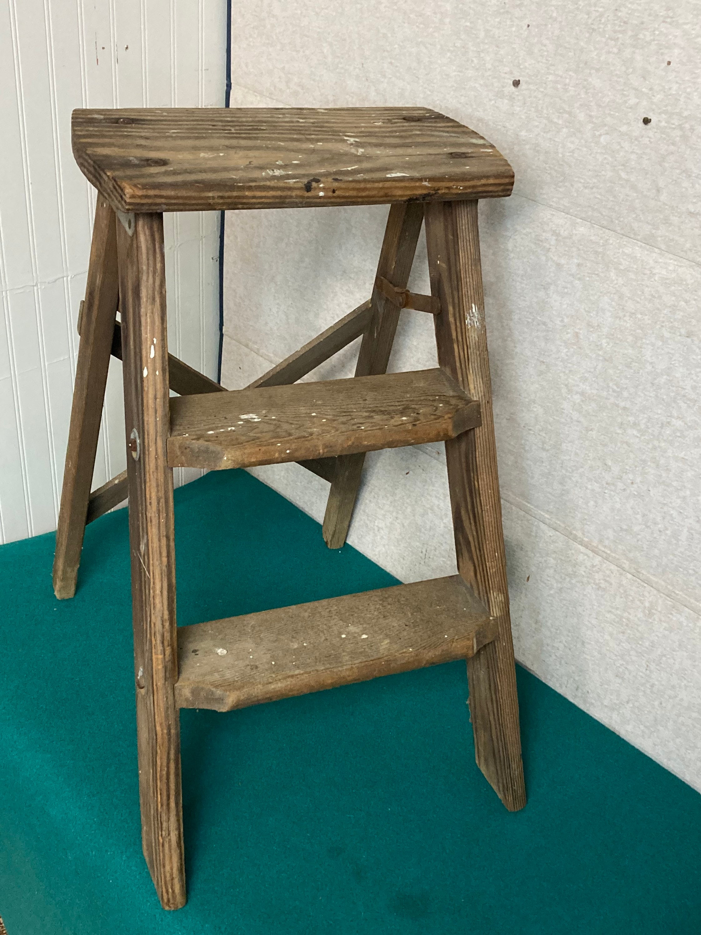 1960's Small Shabby Wooden Step Stool Ladder, Folding Step Stool