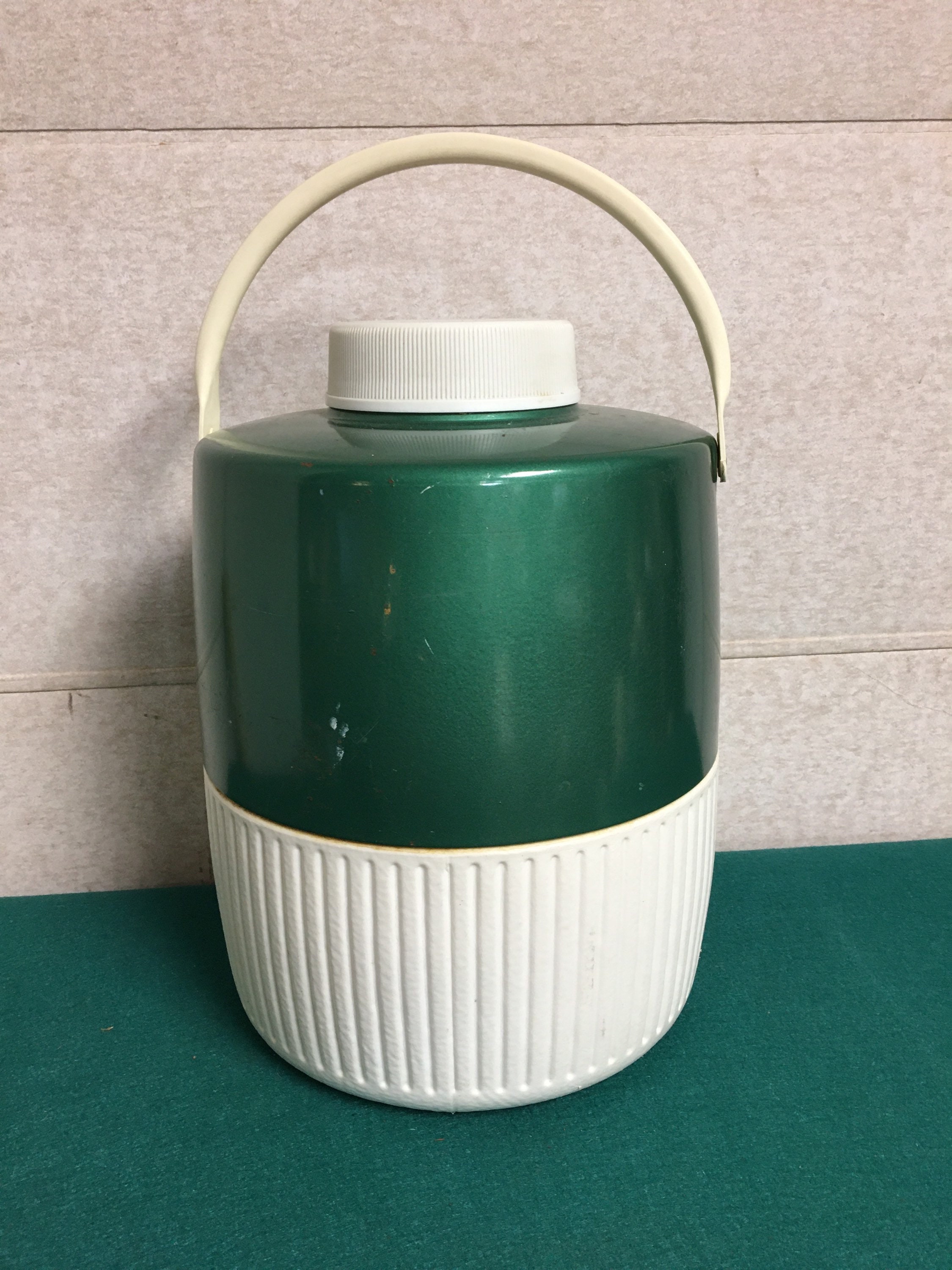 Vintage Coleman 2 Gallon Metal Portable Water Cooler Jug, Green and White