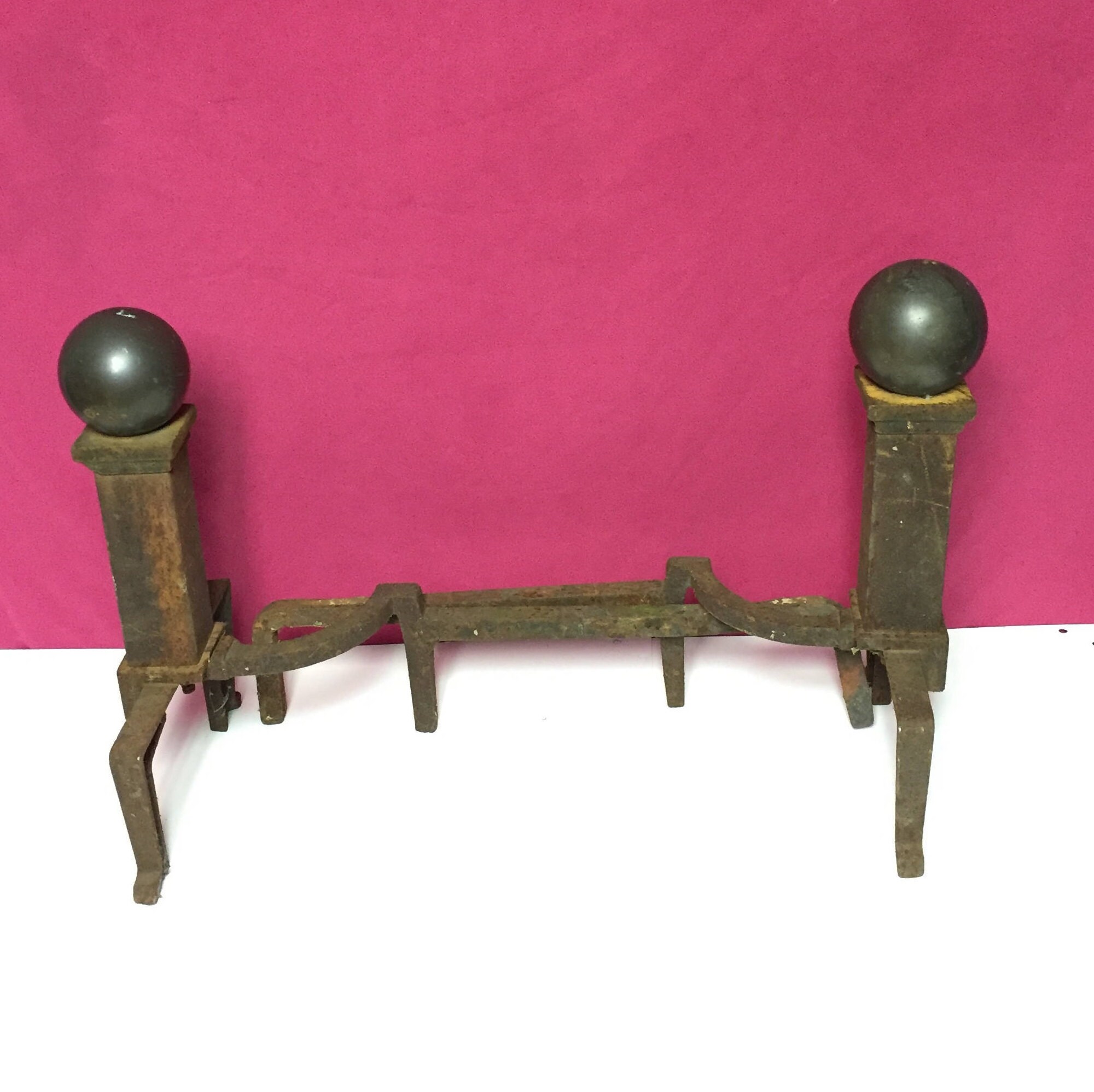 Antique 1922 Peerless BRASS and Iron Andirons Heavy Canon Ball Top Fire