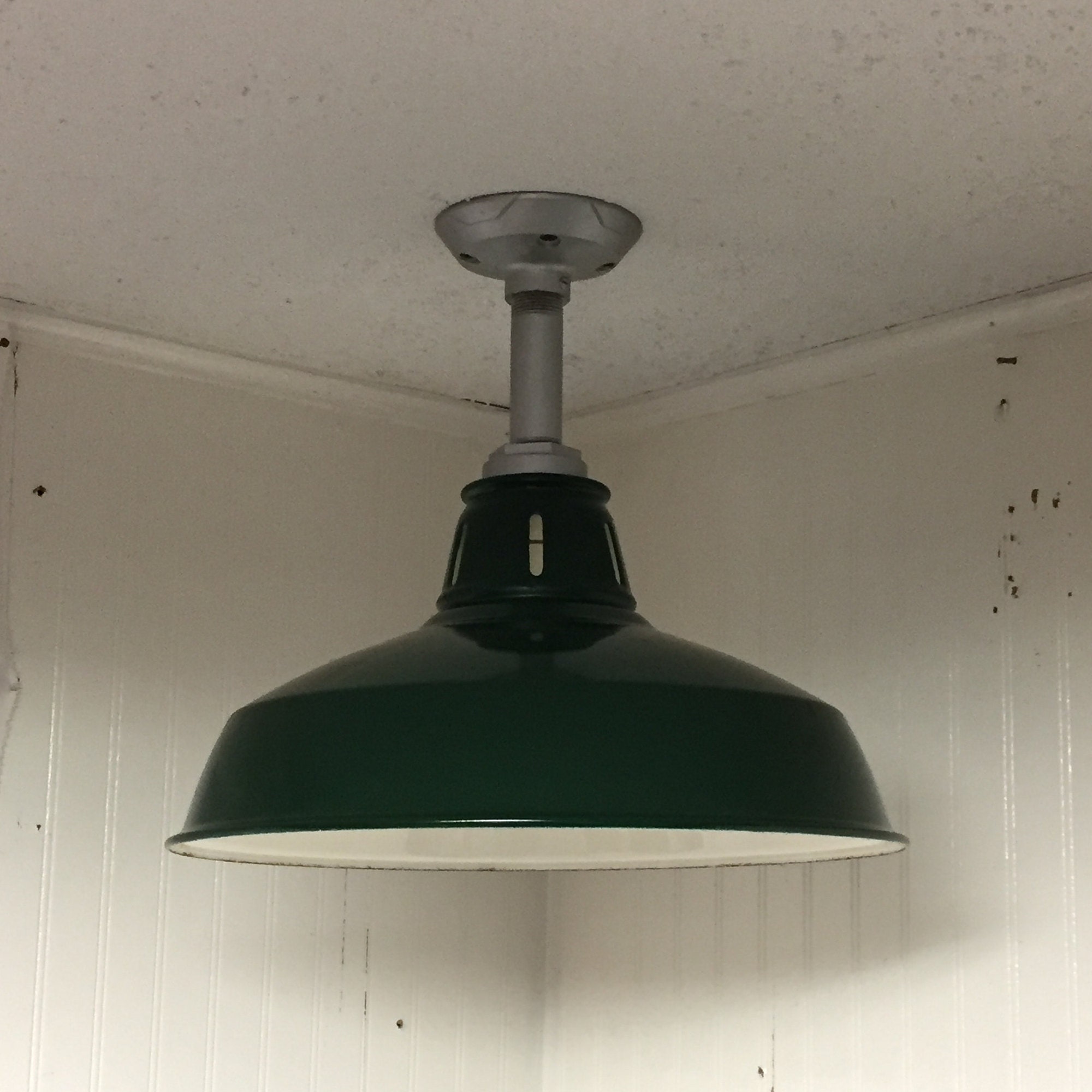 Vintage Industrial Green Porcelain Enamel Pendant Light, Old Porcelain
