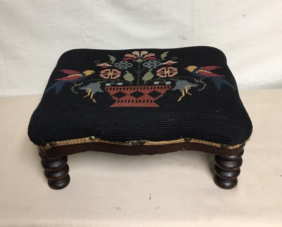 Victorian Needlepoint Wooden Footstool, PA Dutch, German Folk Art
