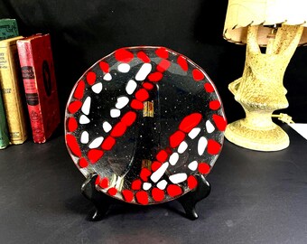 Clear Fused Glass Plate, Red and White Abstract Design with Bubbles, Art Glass, Trinket Dish