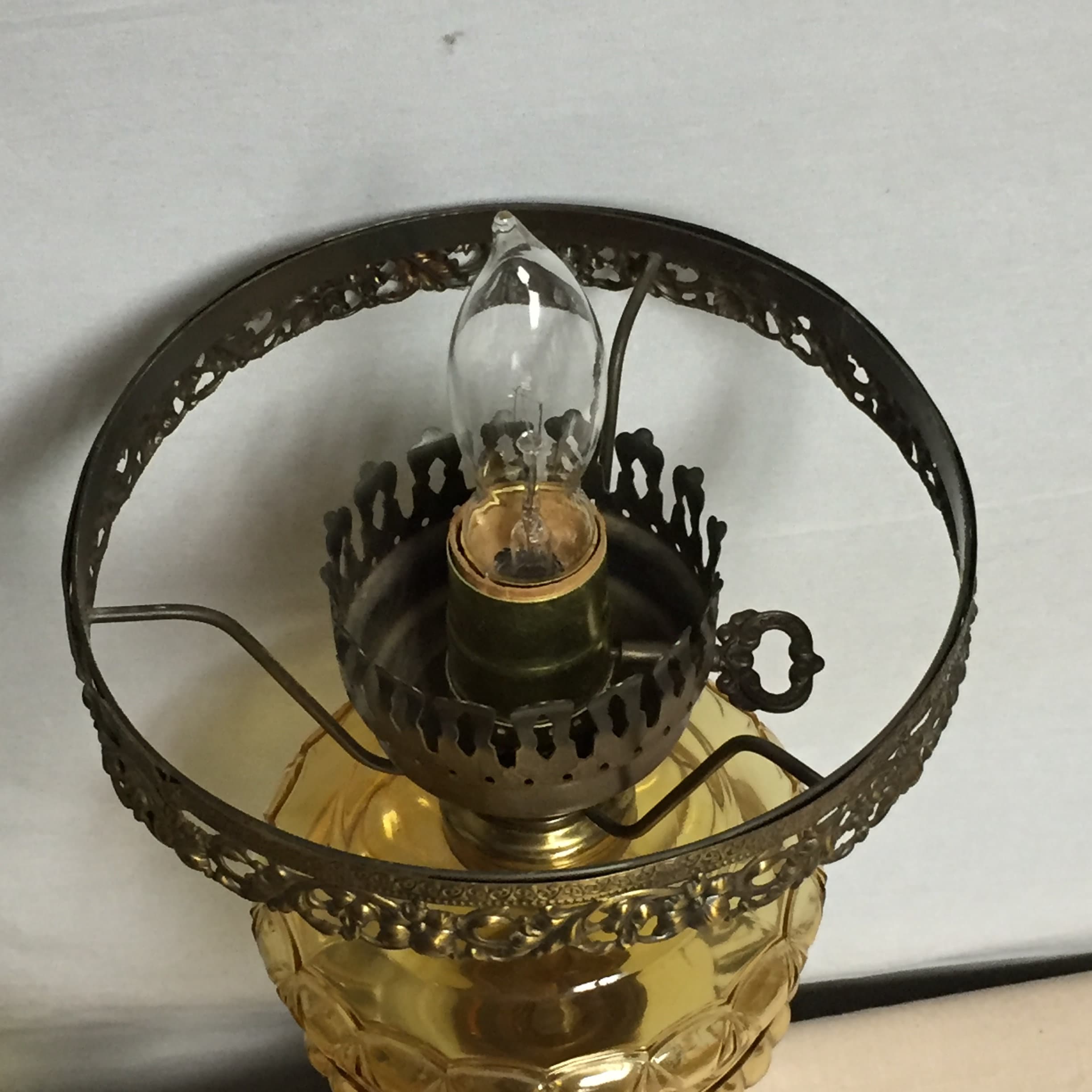 Antique Quilted Amber Glass Electric Hurricane Lamp, Converted Oil Lamp, Table Lamp